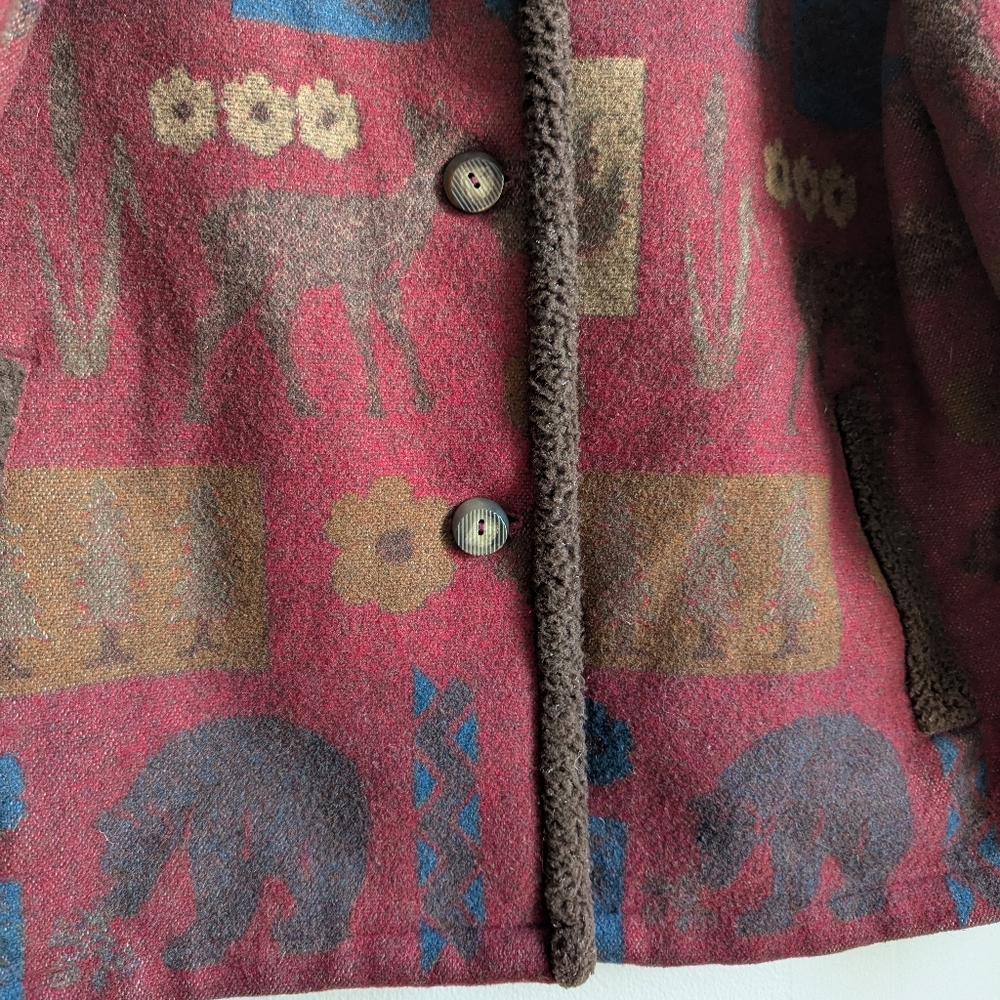 Pendleton Originals Wool Sherpa Trim Blanket Coat Bear Moose Print Burgundy L - Picture 5 of 14
